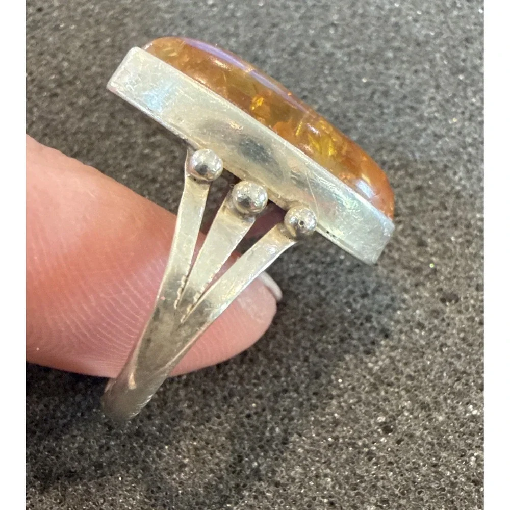 Vintage Navajo Sterling Silver Baltic Amber Ring John Delvin Signed Split Shank